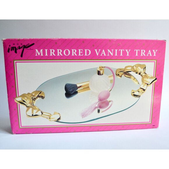 Mon Image Vintage Vanity Tray Mirrored Gold Bow Handles With Original Box - Picture 6 of 6